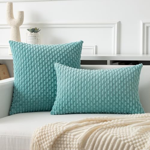 Kevin Textile Soft Corduroy 26x26 Inch Pillow Covers 2 Pack, Aqua Green