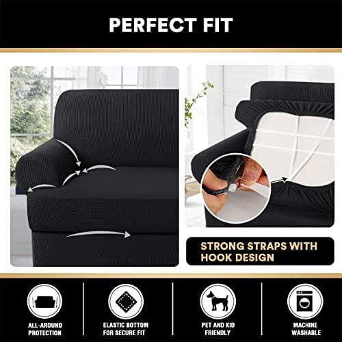 PrinceDeco T Cushion Loveseat Slipcover 3 Pieces Sofa Covers for T Cushion Sofa Stretch Slip Covers for 2 Cushion Couch with 2 Individual T Shape Seat Covers Width Up to 72"- Washable, Black