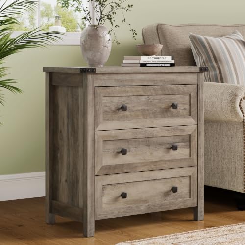 Farmhouse Nightstand with 3 Drawers, Wood Bedside Table, Grey