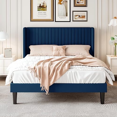 SHA CERLIN Full Size Velvet Bed Frame, Tufted Wingback Headboard, Blue