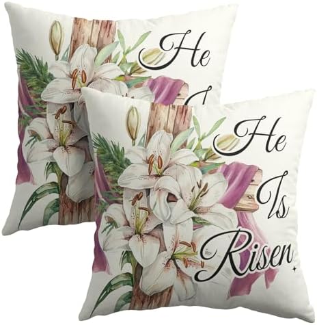 Easter Throw Pillow Covers 20x20 Inch Set of 2 He is Risen Cushion Case Spring Lily Flower Cotton Linen Square Pillowcases Happy Easter Pillows Protector for Home Sofa Party Couch Bed
