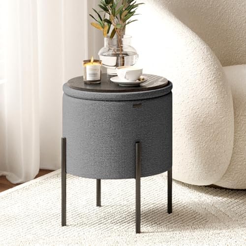 Round Ottoman with Storage, Boucle Storage Foot Stool, Makeup Vanity Stool, Small Ottoman Foot Rest, Modern Ottomans for Living Room and Bedroom, Grey
