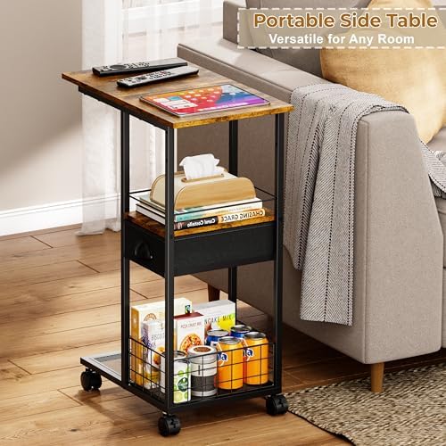 C Shaped Sofa Side Table with Wheels, Rolling Small Coffee Table with Drawer, Portable TV Tray Table for Couch, Bedside Table with Storage, Narrow Nightstand for Bedroom, End Tables Living Room