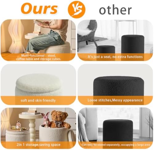 BLEXA Set of 2 Round Storage Ottoman, White Sherpa Ottoman with Storage