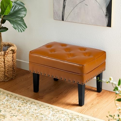 Glitzhome Mid-Century Faux Leather Ottoman, Modern Accent Stool PU Leather Foot Stool, Vanity Stool Ottoman Foot Rest Make Up Stool for Living Room, Cognac