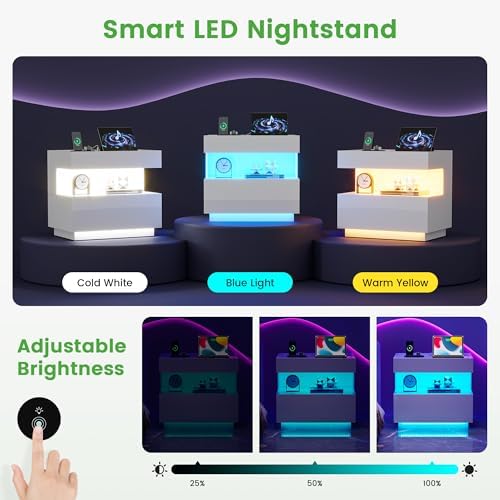 HNEBC White LED Nightstand with Gun Drawers&USB-C Port&Lights for Bedroom