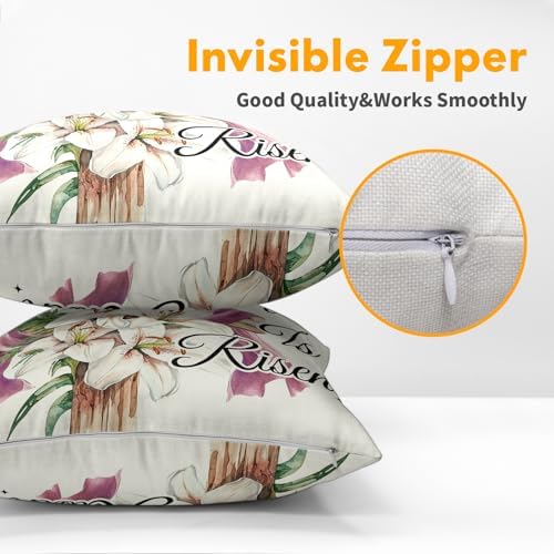 Easter Throw Pillow Covers 20x20 Inch Set of 2 He is Risen Cushion Case Spring Lily Flower Cotton Linen Square Pillowcases Happy Easter Pillows Protector for Home Sofa Party Couch Bed