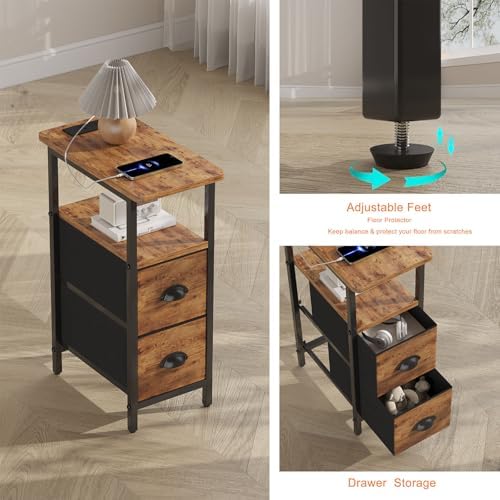 sthmec Narrow End Table with Charging Station, Narrow Side Table with 2 Fabric Drawers, Slim Nightstand, Skinny Bedside Table, Small Side Table for Small Spaces, Living Room, Bedroom, Rustic Brown