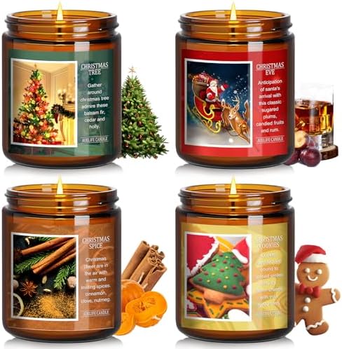 Christmas Candle Set | 4Pack Scented Candles Holiday Candle Gifts - Soy Candles Home Scented, Xmas Gift for Women and Men - Scents of Christmas Tree/Spice/Cookies/EVE