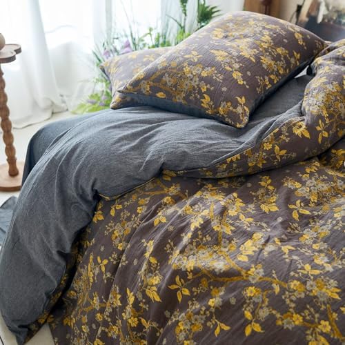 BuLuTu Jacquard Textured Muslin Duvet Cover Set King, Cottage Comforter Cover Yellow Floral, Ultra Soft Breathable Yarn-Dyed Cotton Quilt Cover with 2 Pillow Cases, 104"x90", All Seasons