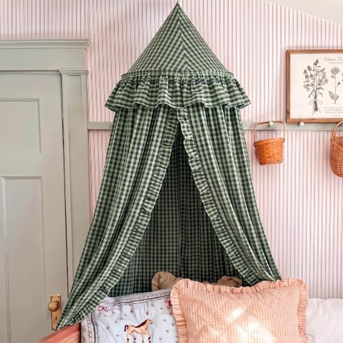 SmoothNovelty Gingham Plaid Bed Canopy, Green Black, Round
