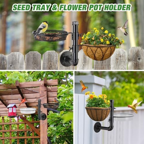 Urban Deco Metal Wall Mounted Bird Feeder & Bath Combo for Balcony, Fence, Yard — Detachable Seed Tray + 2 Water Bowls, Easy Clean, Black | Attracts Cardinals, Chickadees, Finches