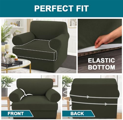 Turquoize T Cushion Chair Slipcover Armchair Slipcover for Living Room Stretch Sofa Couch Cover Soft Armchair Cover Washable Furniture Covers with Individual T Cushion Seat Covers (Chair, Olive)