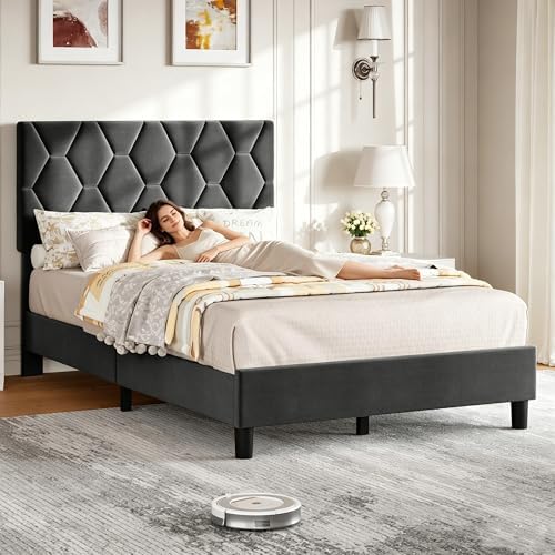 Twin Bed Frame with Adjustable Headboard, Upholstered Bed Frame, Grey
