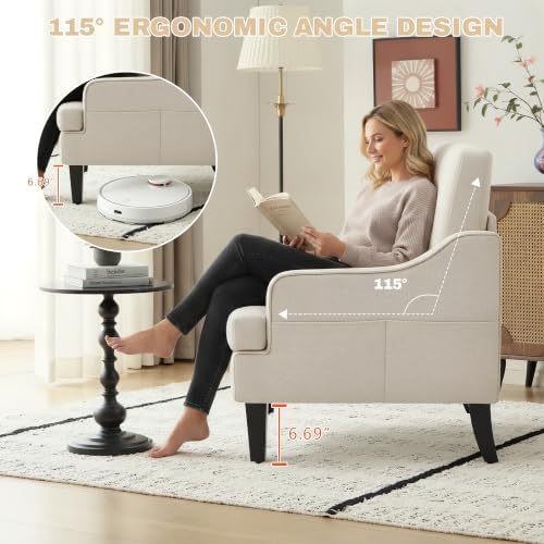 Mid-Century Accent Chairs Set of 2 for Living Room, Comfy Arm Chair Fabric Reading Chair for Bedroom, Upholstered Single Chair with Wood Legs for Apartment, Waiting Room, Vanity Room(Beige)