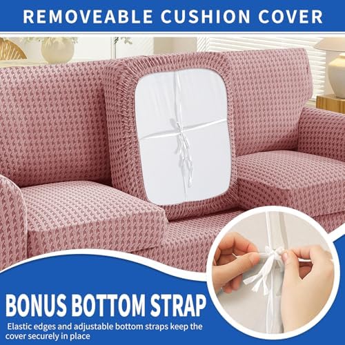 MAXIJIN 4 Pieces Stretch Oversized Couch Covers for 3 Cushion Sofa Covers Washable Sofa Slipcovers Thick Soft Furniture Protector with Non Slip Strap (Pink), 91"-110"(3 XL Cushions)