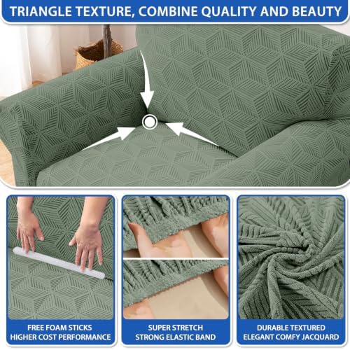 ZNSAYOTX Stretch Couch Cover, 1 Piece Sofa Covers for 2 Cushion Couch, Jacquard Loveseat Slipcovers with Elastic Bottom Thickened Furniture Protector for Dog Cat Pet (Medium, Army Green)