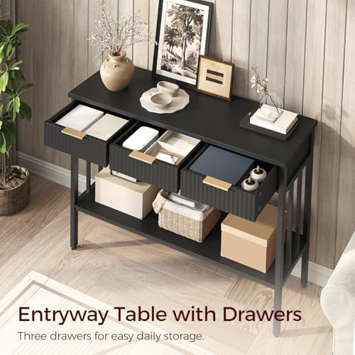 MAHANCRIS 47.2" Console Table with 3 Drawers, Fluted Black Entryway Table