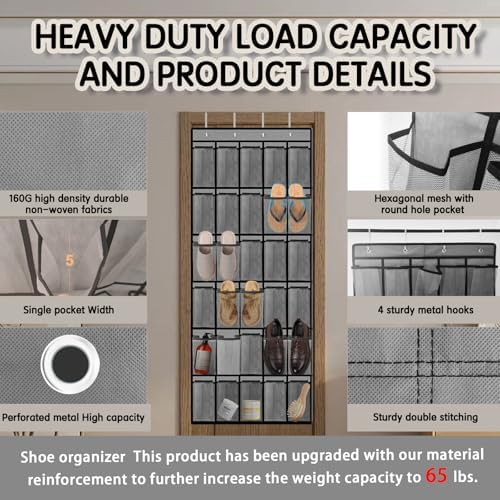 Over the Door Shoe Organizer with 30 Breathable Mesh Pockets (2PC-Gray)