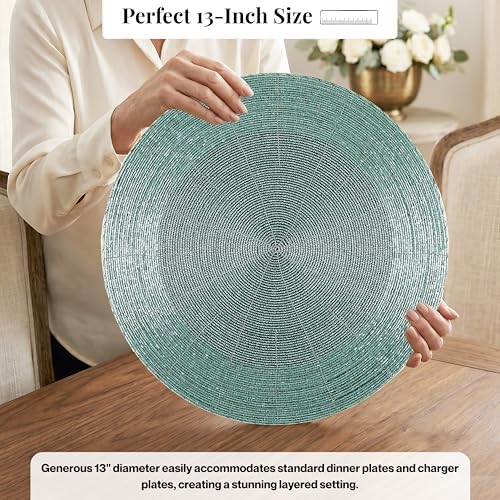 CLEENTABLE Beaded Placemats Set of 4, 13 in Round, Aqua