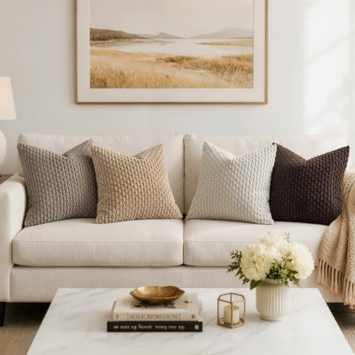 MIULEE Decorative Throw Pillow Covers 18x18 Neutral Tan Textured Corduroy