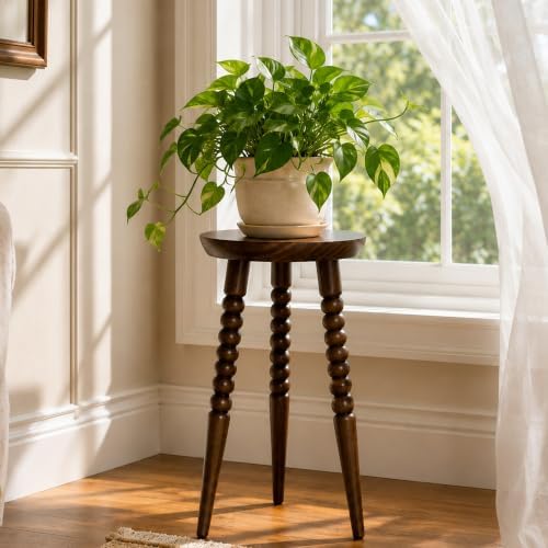 Solid Wood Side Table, 23.6" Tall Round End Table, 11.8" Pedestal Drink Table, Accent Table,Mid Century Modern Plant Stand Small Stool for Living Room, Bedroom, Bathroom, Dark Walnut