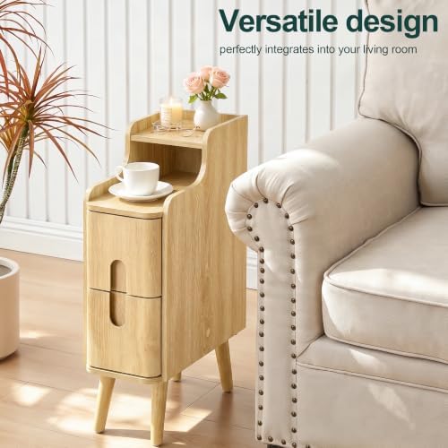 FurSch Narrow Nightstand, Wooden 2 Drawer, Natural, 1 pc
