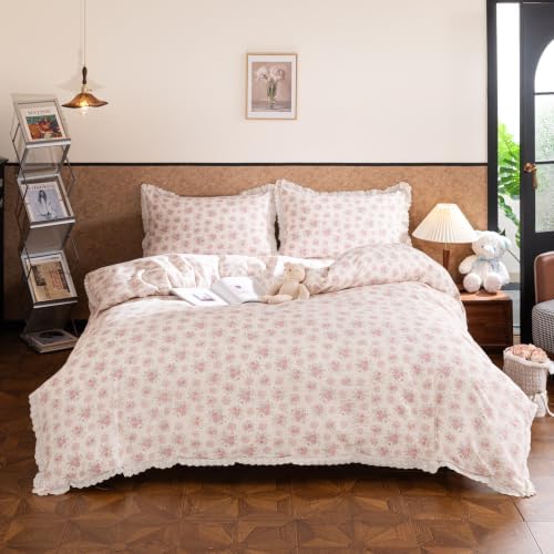 Floral Duvet Cover Queen Pink Flower Bowknot Lace Ruffle Duvet Cover Set Country Vintage Farmhouse Bedding Set for Girls Kids Textured Seersucker Reversible Comforter Cover 3 Pcs