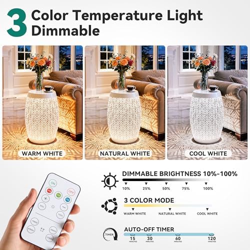 18" Metal LED Side Table Outdoor, 3-Mode Lights, Modern Drum Design