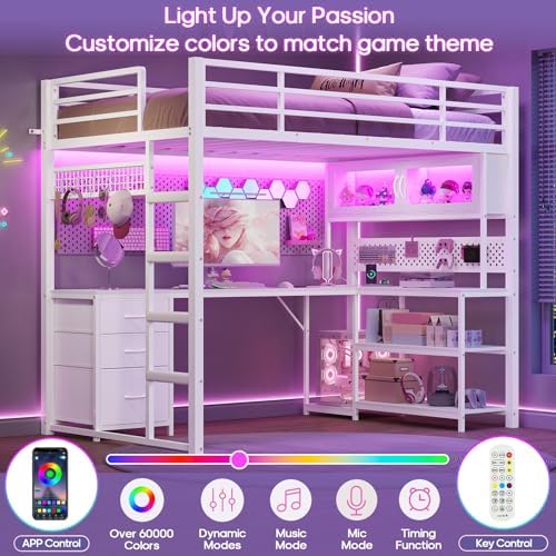 ADORNEVE Loft Bed Full Size with Gaming Desk, Arcylic RGB Hutch, White