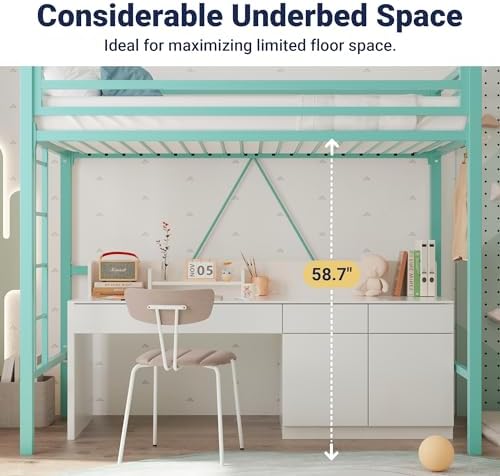 Allewie Metal Loft Bed Twin Size with Guardrail and Ladder,Green