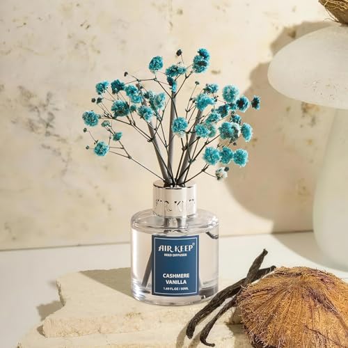 Airkeep Reed Diffuser Set,1.69 fl oz (50 ml) - Cashmere Vanilla Oil Diffusers with 8 Reed Sticks,Home Fragrance Reed Diffuser for Bathroom Shelf Decor