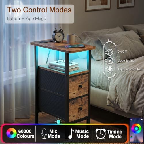 LOAKEKEL Narrow End Table with Charging Station, Small Nightstand