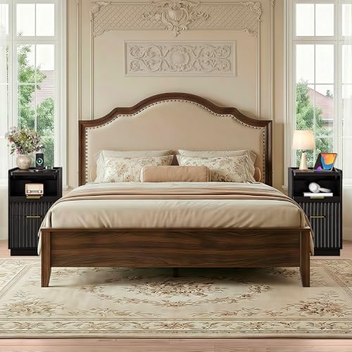 iPormis Fluted Narrow End Table with Charging, 2-Drawer Night Stand, Black