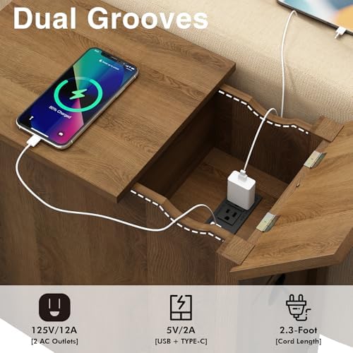 Narrow End Table with Charging Station - Midcentury Rattan Slim Side Table with USB Ports and Power Outlets, Nightstand with Flip Top and Storage Drawer, for Small Spaces Living Room Bedroom, Set of 2