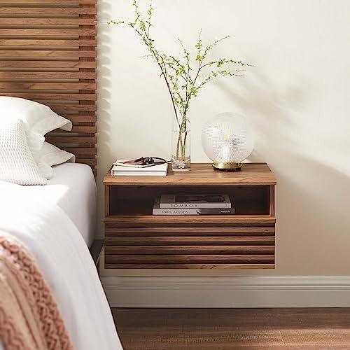 Modway Render Mid-Century Modern, Wall-Mount Nightstand, Walnut