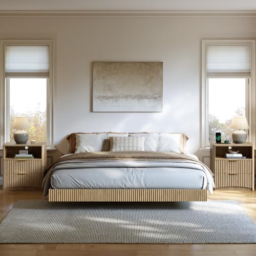 Evermagin Queen Bedroom Set, Floating Bed Frame & Charging Nightstands, Oak