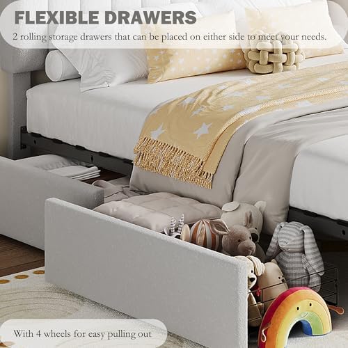 IDEALHOUSE Twin Bed Frame for Kids, Boucle Upholstered Platform Bed for Boys/Girls with 2 Flexible Drawers, Bookcase Headboard, Noise-Free, Easy Assembly, No Box Spring Needed, Gray