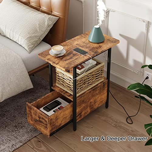 LIDYUK End Table with Charging Station, Narrow Side Table with Drawer