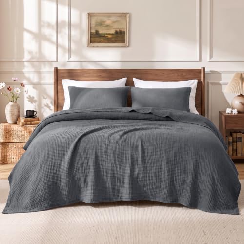 Love's cabin 100% Cotton Muslin Blanket Queen Size for Bed, Dark Grey