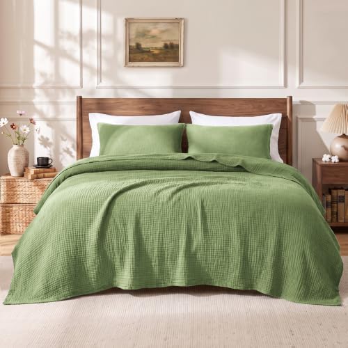 Love's cabin 100% Cotton Muslin Blanket Queen Size for Bed, Sage Green