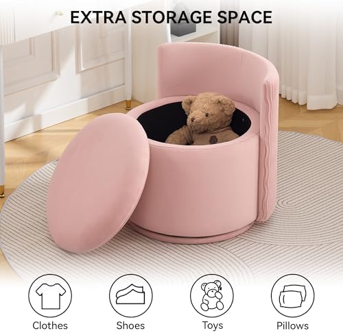 WUTUTUEE Large Velvet Vanity Chair with Storage, 360° Swivel Makeup Chair with Wave Back, No Assembly Small Accent Stool for Bedroom, Dressing, Living Room, Pink