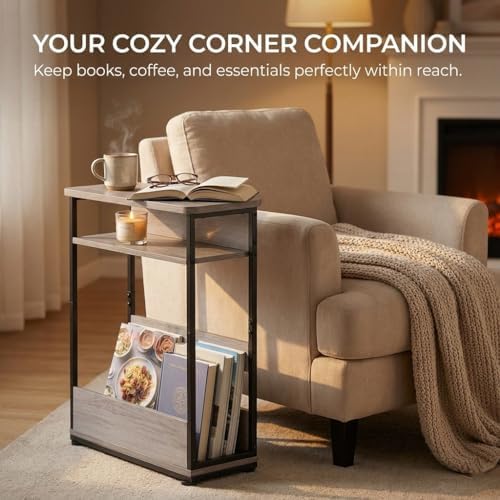 Narrow Side Table,3-Tier Slim End Table with Storage Shelf,Modern Sofa Table Thin Side Table for Narrow and Small Spaces, Skinny Bedside Table Small Nightstand with Magazine Rack Space Saving/Oak