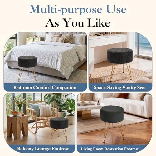 DUMOS Vanity Chair, Vanity Stool, Round Ottoman Foot Rest, Black