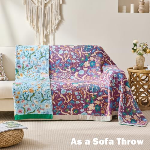 VANJOROY Boho Throw Blanket, 100% Organic Cotton Breathable Ultra Soft 91" x 108" King Bed Quilt Throw - All Season Floral Rustic Farmhouse Luxury Blanket for Sofa Couch Chair and Gift
