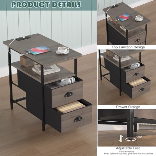 sthmec End Table with Charging Station, Narrow Side Table with 2 Drawers, Nightstands with Drawers, USB Ports & Power Oulets,Slim Sofa Side Tables for Small Spaces,Living Room,Bedroom, Grey