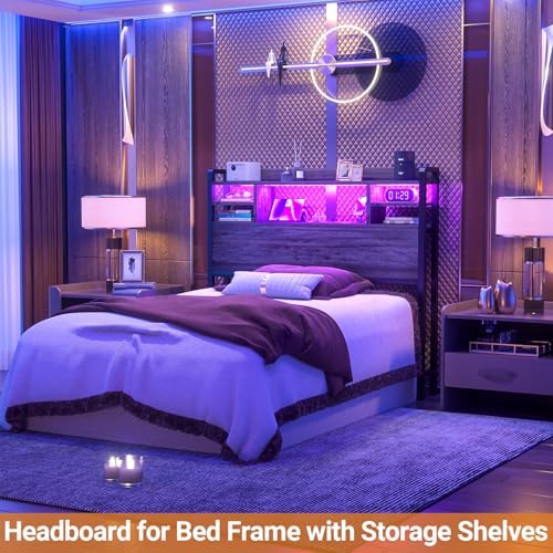 Aheaplus Headboard for Twin Size Bedwith Storage and Outlets, Black Oak