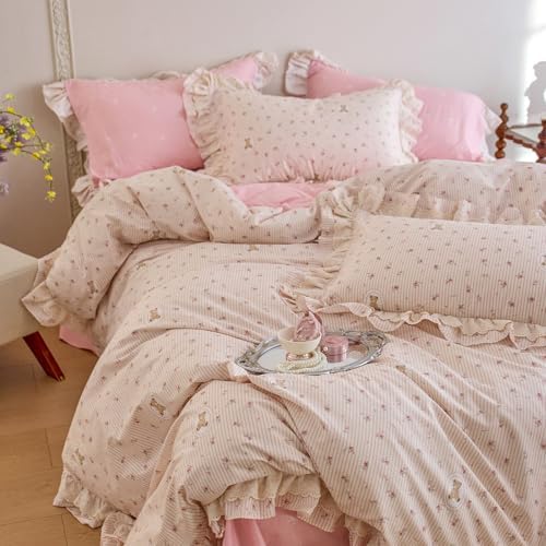 Floral Duvet Cover Full Size 100% Cotton Lace Trim Comforter Cover Full Ruffle Vintage Boho Zipper Duvet Cover Set with 2 Pillow Cases Chic Aesthetic Bedding Set for Girls Duvet Protector