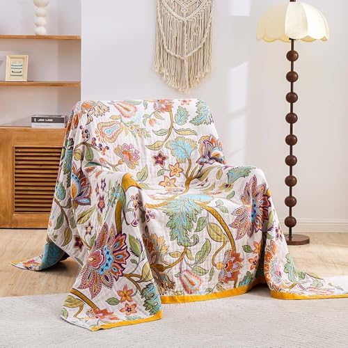 XIBLC Boho Throw Blanket for Bed, 100% Cotton Soft Rustic Quilt Fall Blanket, 90"x98" Floral Printed Farmhouse Decor Bed Blankets, All Season Rustic Reversible Bohemian Throw Quilt