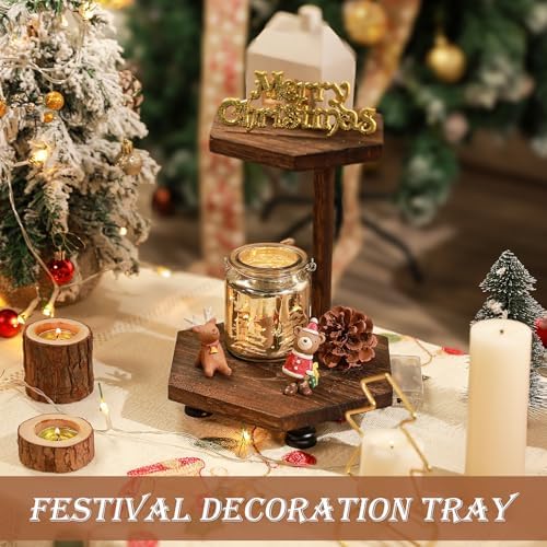 Tikea 2-Tier Wood Riser for Decor, Farmhouse Bathroom Corner Counter Shelf